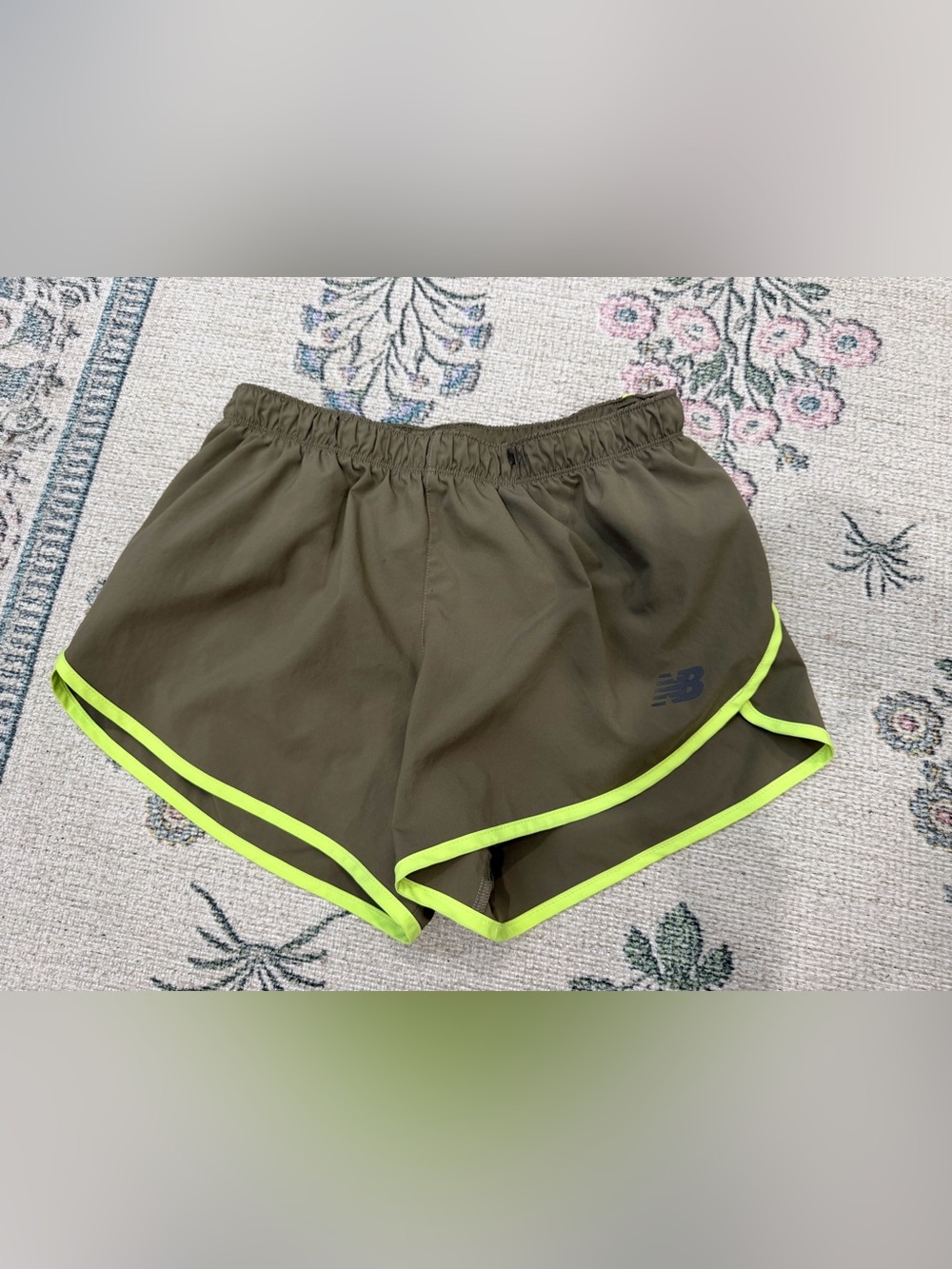 New Balance Women's Olive Green Athletic Shorts with Neon Yellow Trim